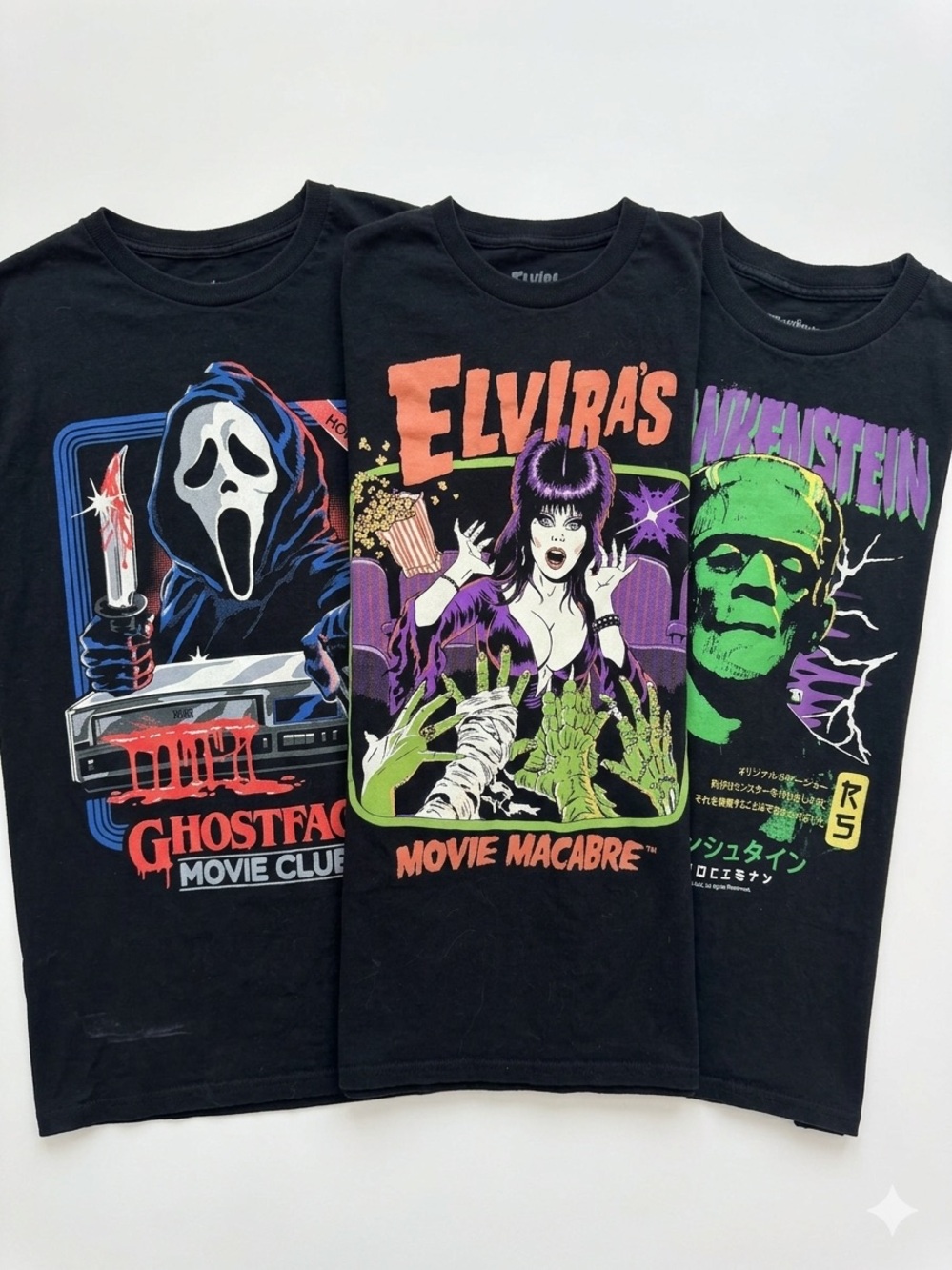 Horror Graphic Tee Bundle (3) Ghostface Elvira Frankenstein T-Shirts Lot